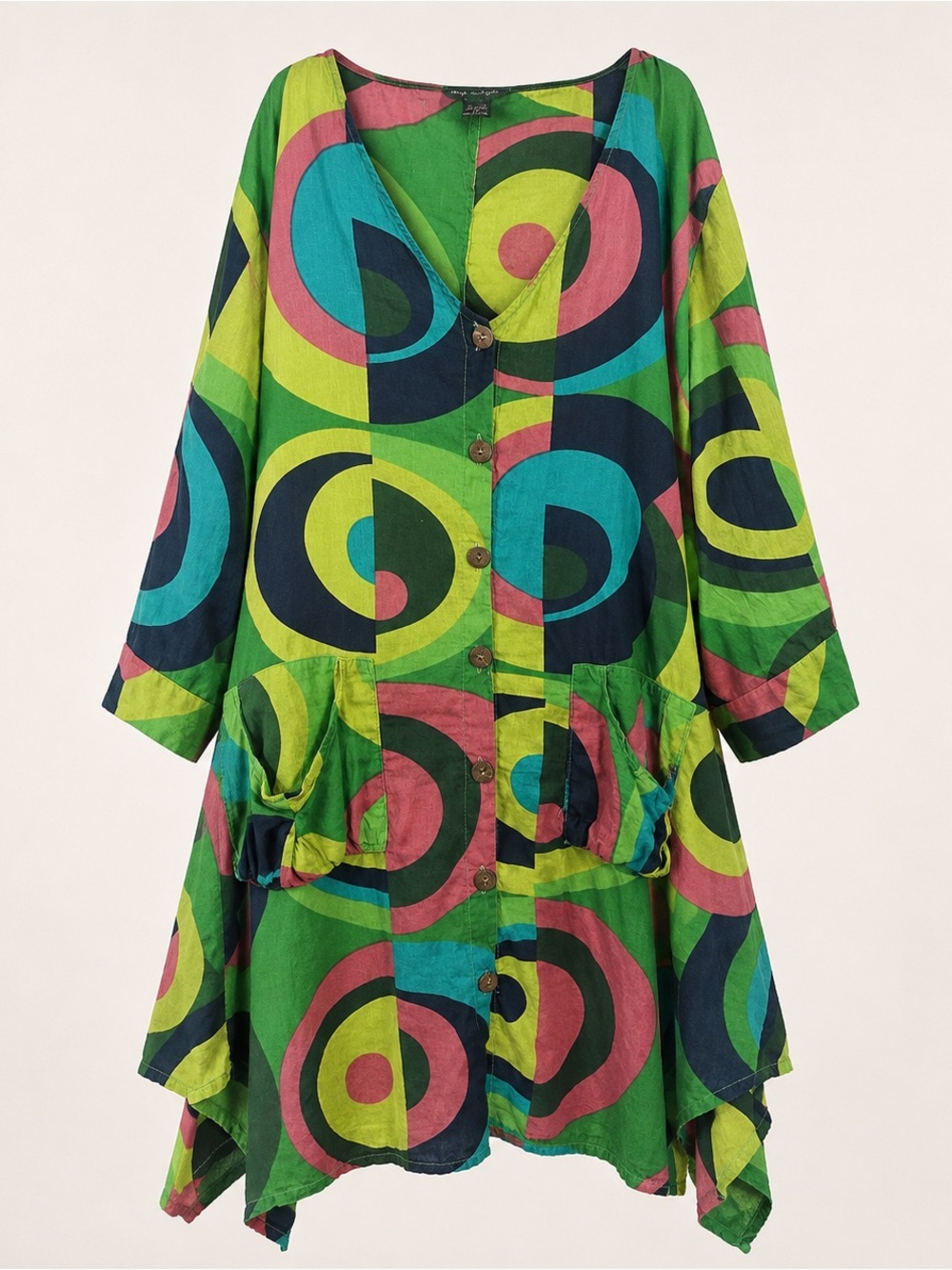 Green Multicolor Printed Button-Front Dress